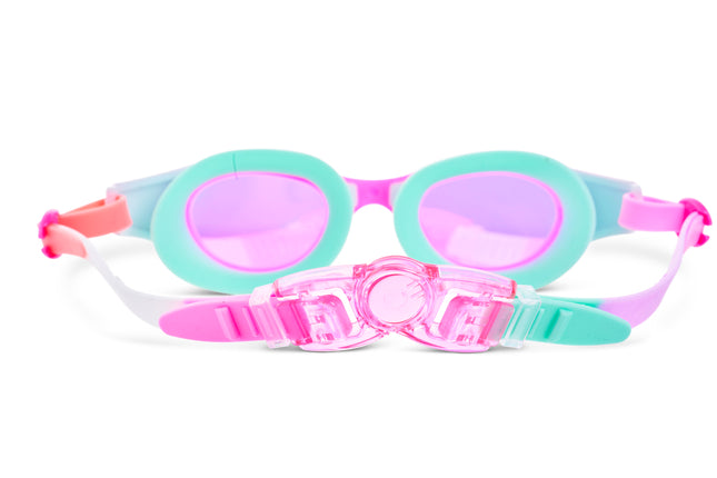 back view of Neptune's Pearl Kids Swim goggles in Magenta Mermaid showing strap and back clip