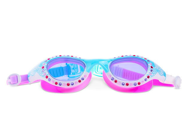 Neptune's Pearl kids swim goggles in seafoam siren showing rhinestones and pink and blue colors on frame and gasket