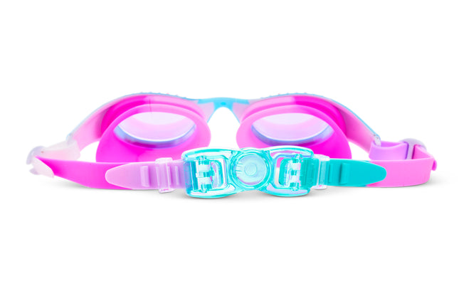 back view of neptunes pearl kids swim goggles showing strap and back clip