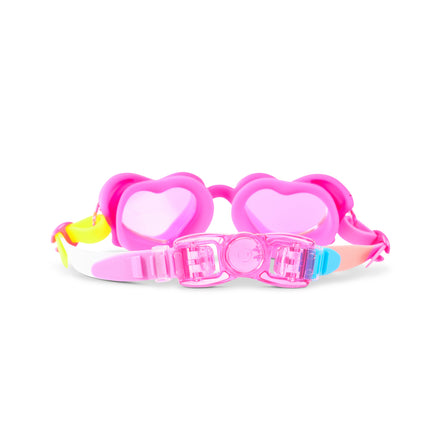 Back view of Plush Crush swim goggles showing adjustable strap and heart-shaped design
