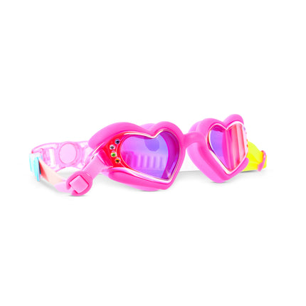Angled view of Plush Crush heart swim goggles in Hot Crush Pink with cushioned frame