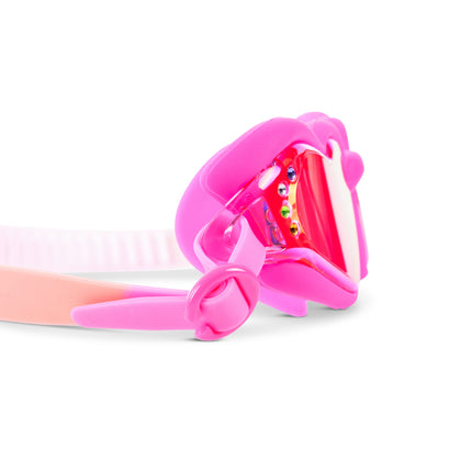 Close-up of Plush Crush heart-shaped swim goggles in Hot Crush Pink showing soft silicone detail
