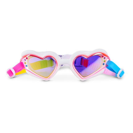 Plush Crush heart-shaped swim goggles in Purely Yours White with mirrored lenses and rhinestones