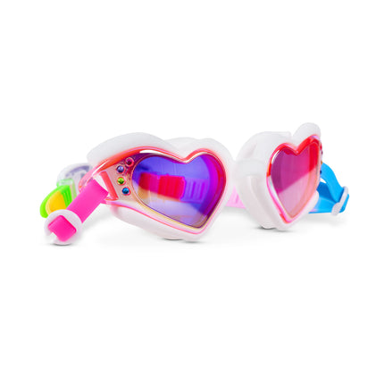 Angled view of Plush Crush Purely Yours White heart swim goggles with gem detailing