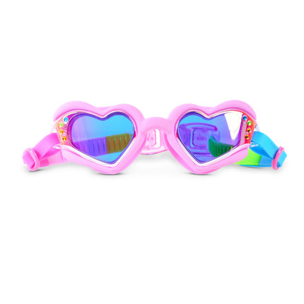 Plush Crush heart-shaped swim goggles in Hot Crush Pink with mirrored lenses and rhinestones