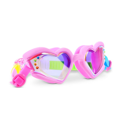 Angled view of Plush Crush Hot Crush Pink heart swim goggles with gem detailing