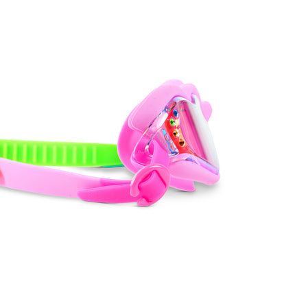 Close-up of Plush Crush swim goggles in Hot Crush Pink showing rhinestones and mirrored heart lenses