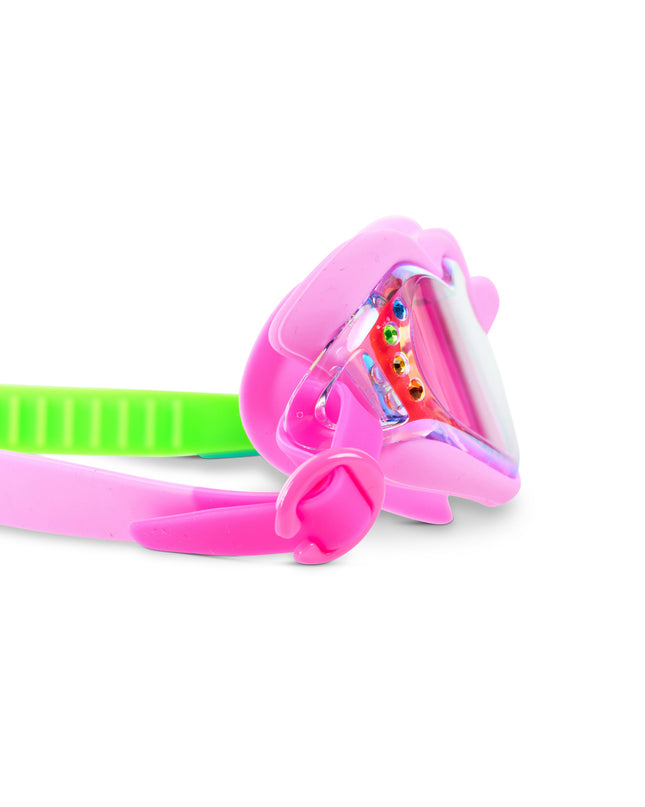 Close-up of Plush Crush swim goggles in Hot Crush Pink showing rhinestones and mirrored heart lenses