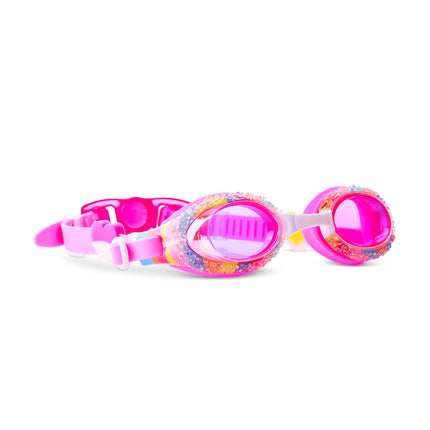 Angled view of Crystal Pop Candy Quartz swim goggles with rhinestone frame