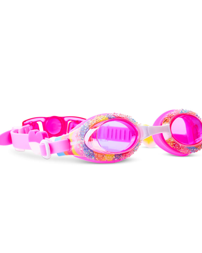 Angled view of Crystal Pop Candy Quartz swim goggles with rhinestone frame