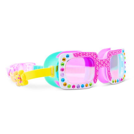 Angled view of Pretty Girl Poppy Petal Pop Pink swim goggles with rhinestone frame
