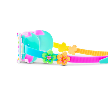 Close-up of Pretty Girl Poppy swim goggles in Petal Pop Pink showing floral sliders and strap
