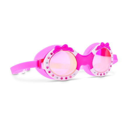 Angled view of Ribbon Glam Bow Dazzle Pink swim goggles with rhinestone frame