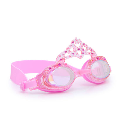 angled view of royal crown kids' swim goggles in princess pastel pink showing crown and rhinestone detail