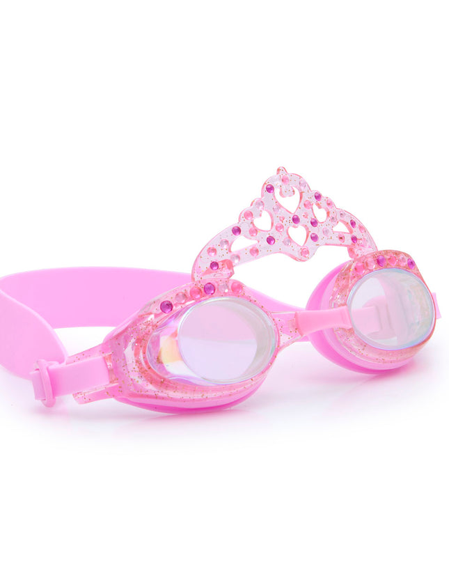 angled view of royal crown kids' swim goggles in princess pastel pink showing crown and rhinestone detail