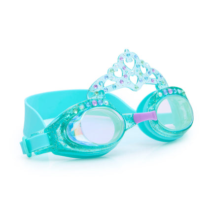 angled view of royal crown kids swim goggles in princess periwinkle showing a glitter infused frame, crown and rhinestone details