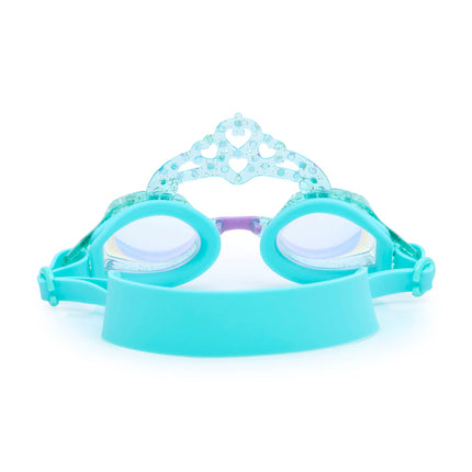 back view of royal crown kids swim goggles in princess periwinkle showing strap