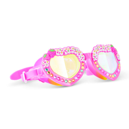 Angled view of Shortcake Strawberries & Cream swim goggles with strawberry details and rhinestones
