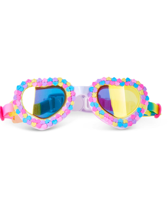 front view of color me smitten in rainbow crush showing mirrored lens and candy heart decoration