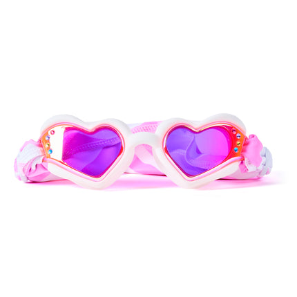 Heart-shaped kids swim goggles in Daydream with iridescent mirrored lenses, rhinestone accents, and easy-on soft strap