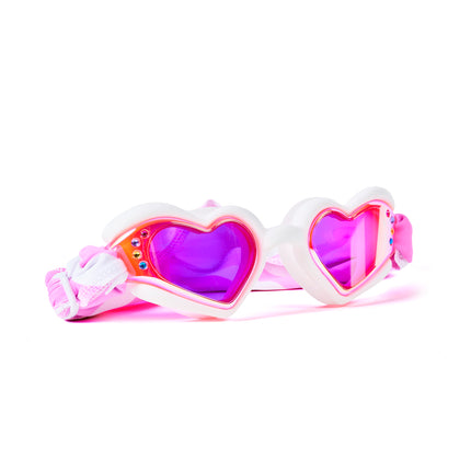 Angled view of Soft Crush Daydream swim goggles featuring glossy silicone heart frame, rhinestone details, mirrored lenses, and soft strap