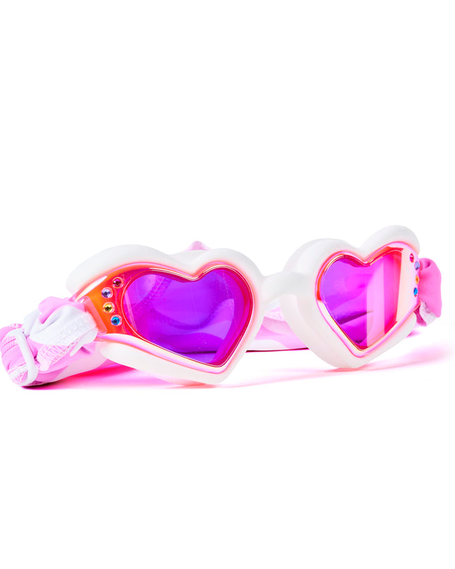 Angled view of Soft Crush Daydream swim goggles featuring glossy silicone heart frame, rhinestone details, mirrored lenses, and soft strap