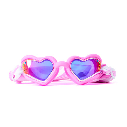 Heart-shaped kids swim goggles in solid Pink Wish with iridescent mirrored lenses, rhinestone accents, and easy-on soft strap