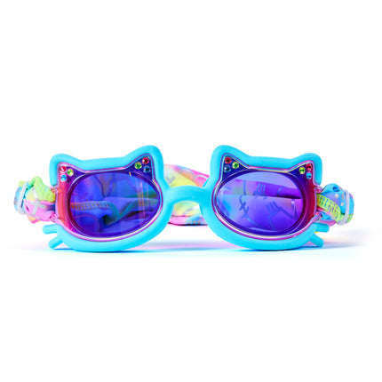 Cat-shaped kids swim goggles in Cozy Blue with mirrored lenses, rhinestone accents, and pastel tie-dye easy-on soft strap