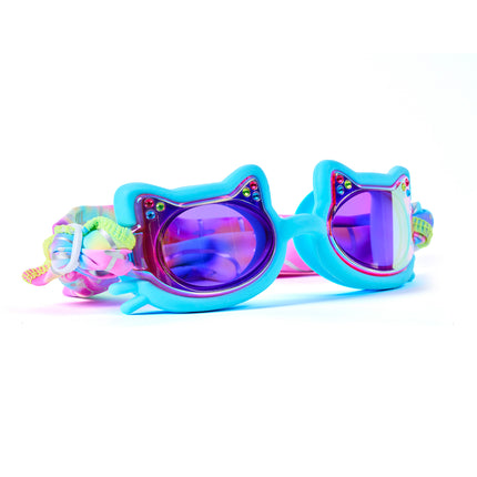 Angled view of Soft Paws Cozy Blue swim goggles featuring blue silicone cat frame, rhinestone details, mirrored lenses, and pastel tie-dye easy-on soft strap