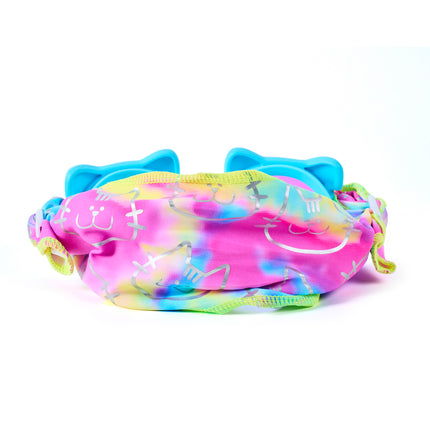 Back view of Soft Paws Cozy Blue cat-shaped swim goggles showing adjustable pastel tie-dye easy-on soft strap and stretch fit design
