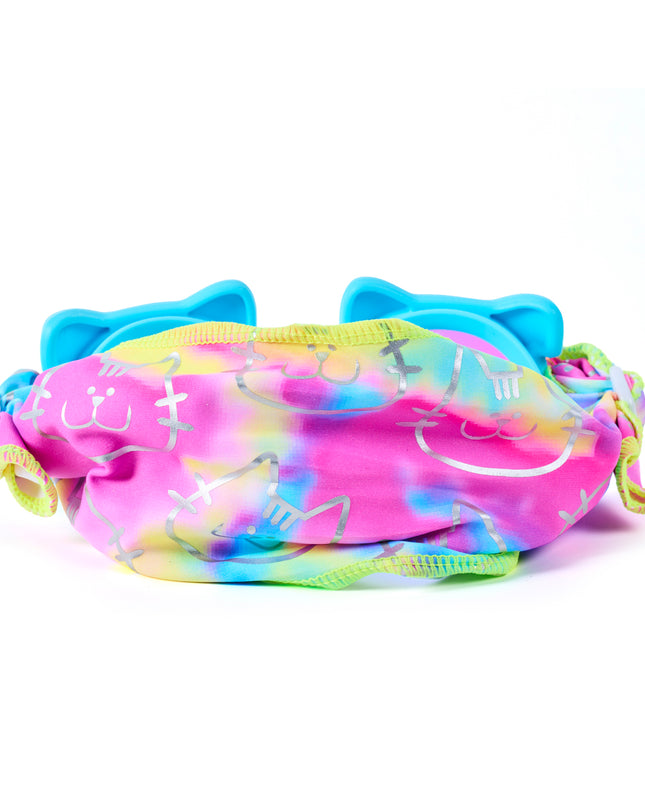 Back view of Soft Paws Cozy Blue cat-shaped swim goggles showing adjustable pastel tie-dye easy-on soft strap and stretch fit design