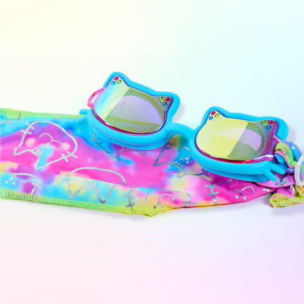 Close-up glam shot of Soft Paws Cozy Blue goggles styled on matching pastel tie-dye soft strap, highlighting mirrored lenses, rhinestones, cat frame shape, and easy-on soft strap