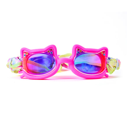 Cat-shaped kids swim goggles in Fuzzy Pink with mirrored lenses, rhinestone accents, and pastel tie-dye easy-on soft strap