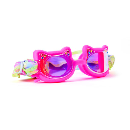 Angled view of Soft Paws Fuzzy Pink swim goggles featuring hot pink silicone cat frame, rhinestone details, mirrored lenses, and pastel tie-dye easy-on soft strap