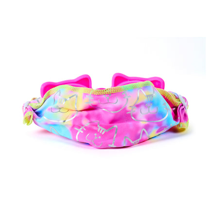 Back view of Soft Paws Fuzzy Pink cat-shaped swim goggles showing adjustable pastel tie-dye easy-on soft strap and stretch fit design