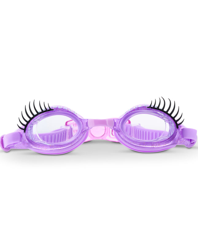 splash lash kids' swim goggles in purple polish showing faux lashes and rhinestones