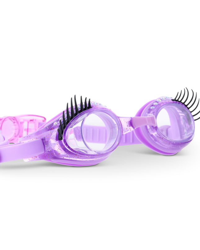 angled view of splash lash kids' swim goggles in purple polish showing faux lashes and rhinestones