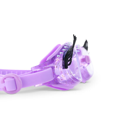 close-up view of splash lash kids' swim goggles in purple polish showing faux lashes and rhinestones