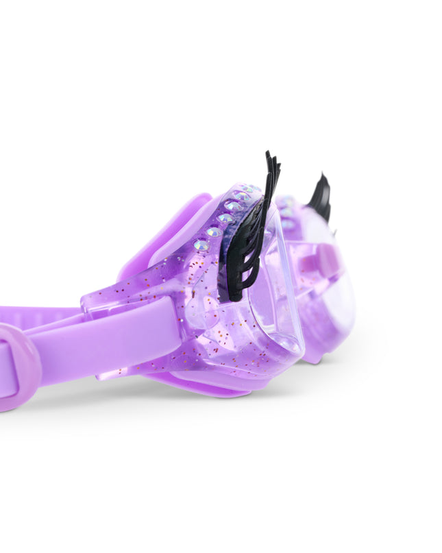 close-up view of splash lash kids' swim goggles in purple polish showing faux lashes and rhinestones