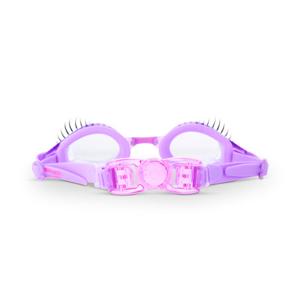 back view of splash lash kids' swim goggles in purple polish showing strap and back clip