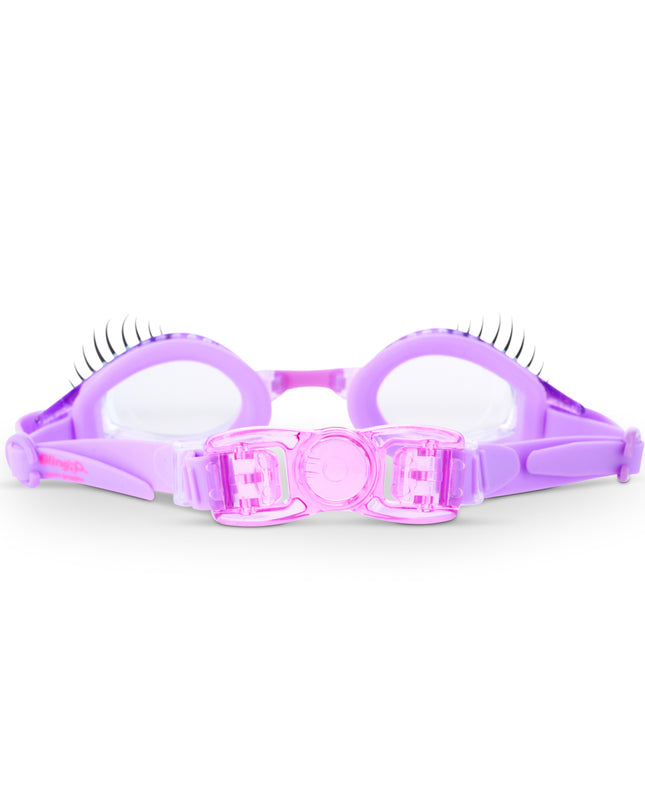 back view of splash lash kids' swim goggles in purple polish showing strap and back clip