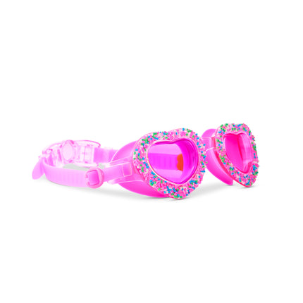 Angled view of Sprinkle Heart swim goggles with sprinkle frame detail