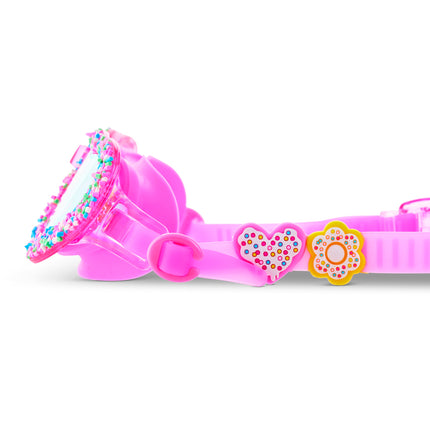Close-up of Sprinkle Heart swim goggles showing faux sprinkles and donut charms