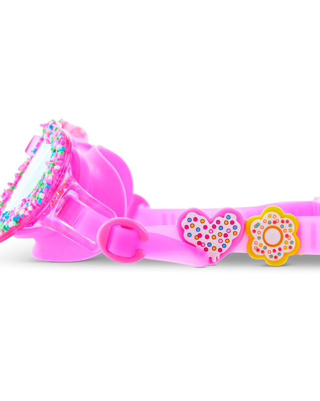 Close-up of Sprinkle Heart swim goggles showing faux sprinkles and donut charms