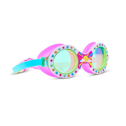 Angled view of Sunrise Sparkle swim goggles with rhinestone frame