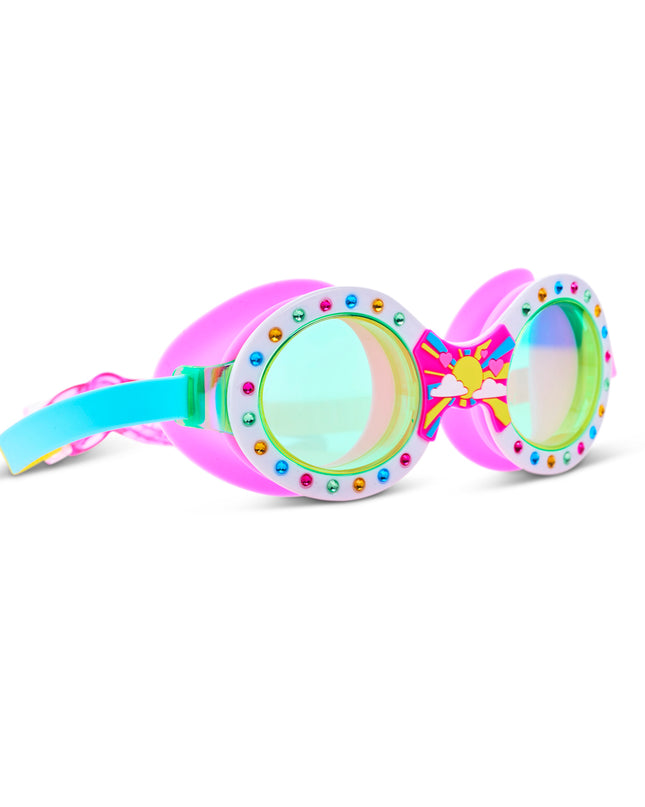 Angled view of Sunrise Sparkle swim goggles with rhinestone frame