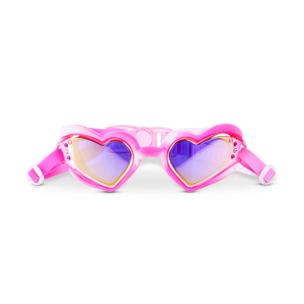 Heart-shaped kids swim goggles in bright pink with iridescent heart lenses and rhinestone accents – Swirl Me Up Pink Drink