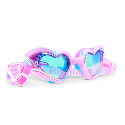 Angled view of Swirl Me Up Radberry Twist swim goggles featuring colorful swirl frame and mirrored heart lenses