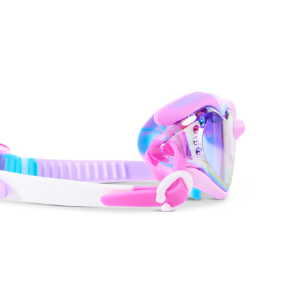 Close-up glam shot of Swirl Me Up Radberry Twist goggles highlighting iridescent lenses and rhinestone details
