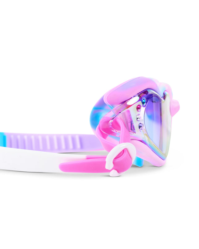 Close-up glam shot of Swirl Me Up Radberry Twist goggles highlighting iridescent lenses and rhinestone details